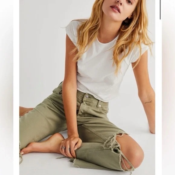 Free People Maggie Mid Rise Straight Jeans in Moss - Picture 4 of 11